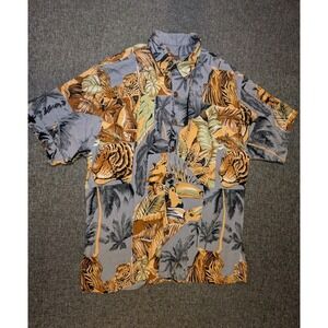 Vintage Mango Moon Men's Hawaiian Aloha Shirt Safari Tiger Print Button Up Small